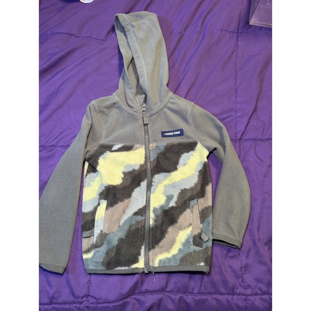 Lands End Boys 3T Gray Yellow Camo Fleece Full Zip Hooded Jacket Hoodie